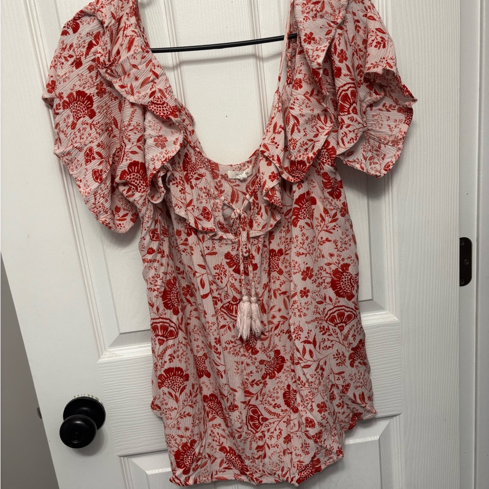 Floral Ruffle Sleeve Top - Red
